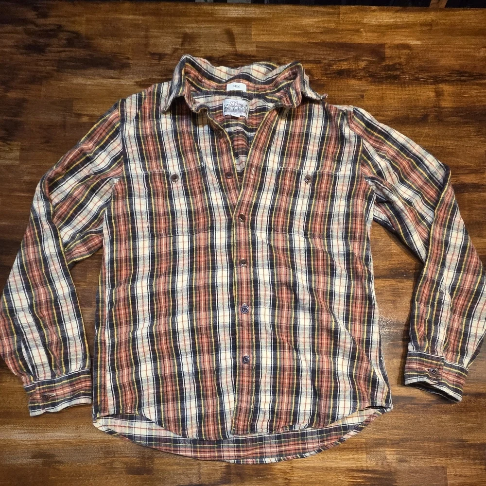 J Crew California Midweight Flannel Button Orange Plaid Slim Mens M Lumberjack